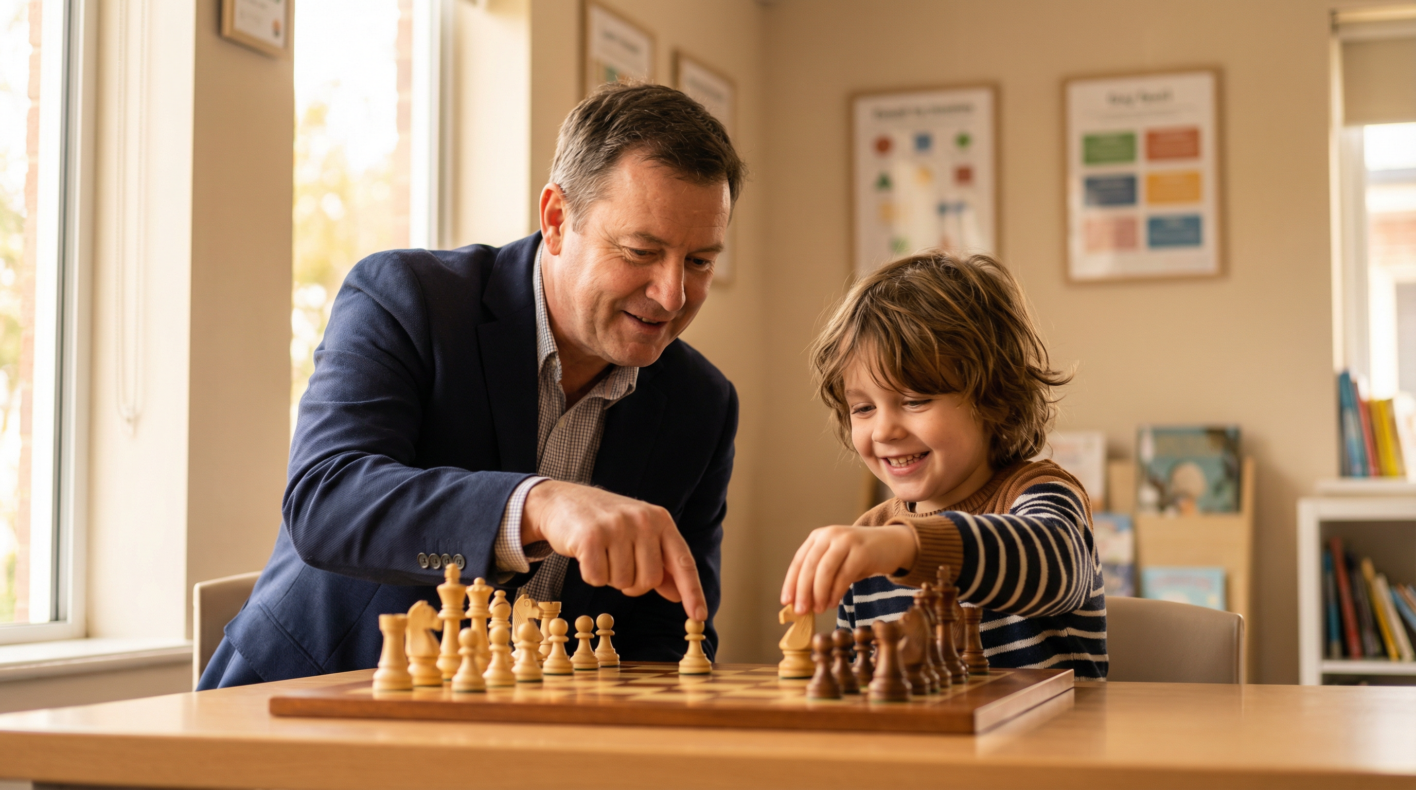 A chess coach guiding a student through a lesson